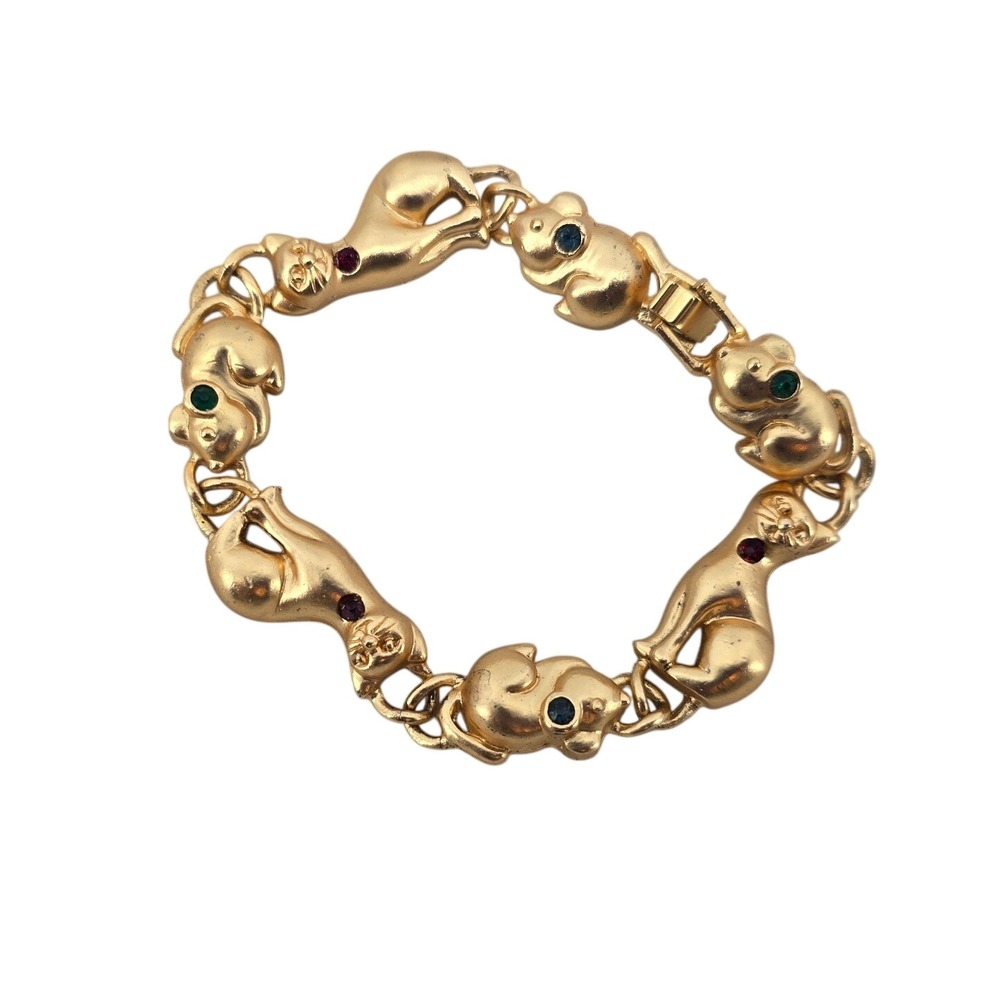 Gold Cat Link Bracelet Womens 6.75 In Rhinestone Eye Multi Color EUC